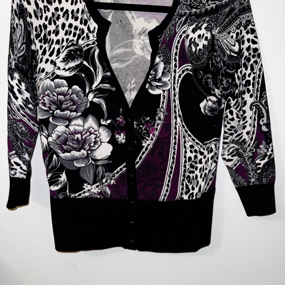 White House Black Market Black and Purple Floral Cardigan